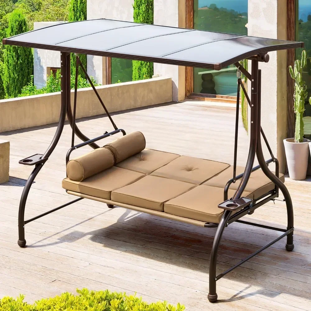 

3 Person Porch Swing Bench with 2 Side Cup Holder, Convertible Backrest Swing Bed with Cushion, 2 Pillows for Front Porch Lawn