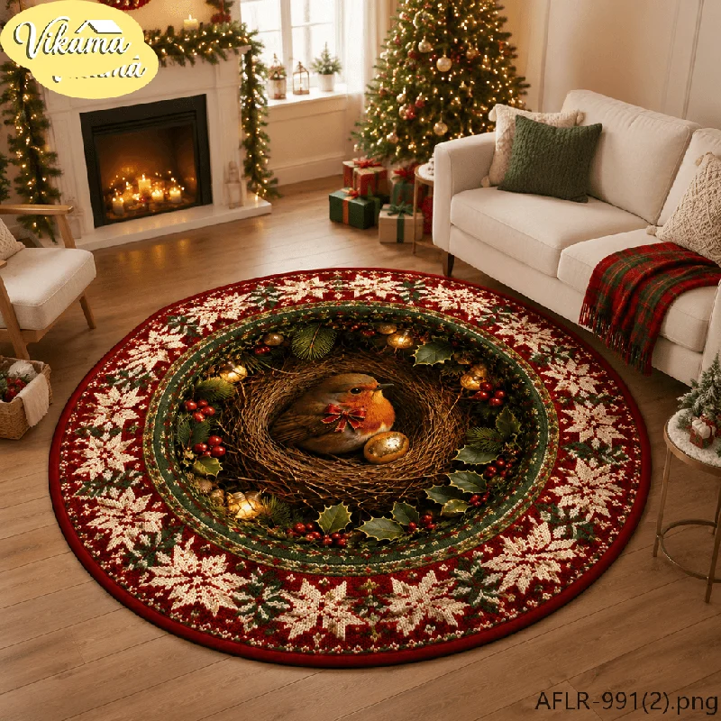VIKAMA Round Christmas Rug Star of Bethlehem Dove Wreath Print, Soft Fluffy Flannel Non-Slip Mat Home Holiday Decor