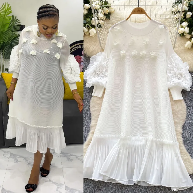 Abito plissettato Miyake da donna africana Fiore stereo Allentato di grandi dimensioni Temperamento elastico Abito lungo Medio Oriente Senza rughe