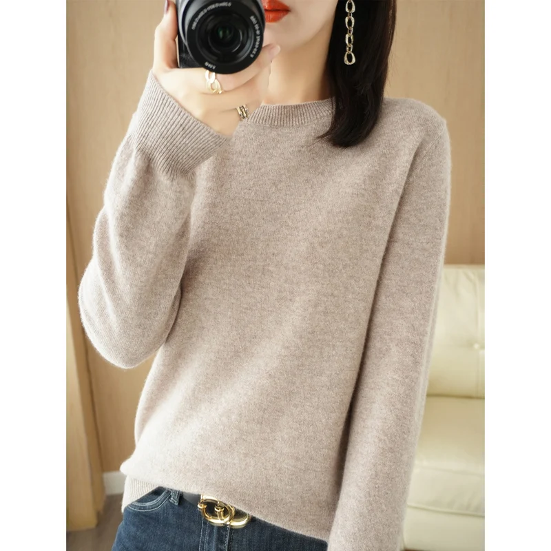 New round Ne Long Sve Women's Knitted Sweater ort Versatile Simple Sli Warm Inner Wear Casual Commute Sle Pure C...