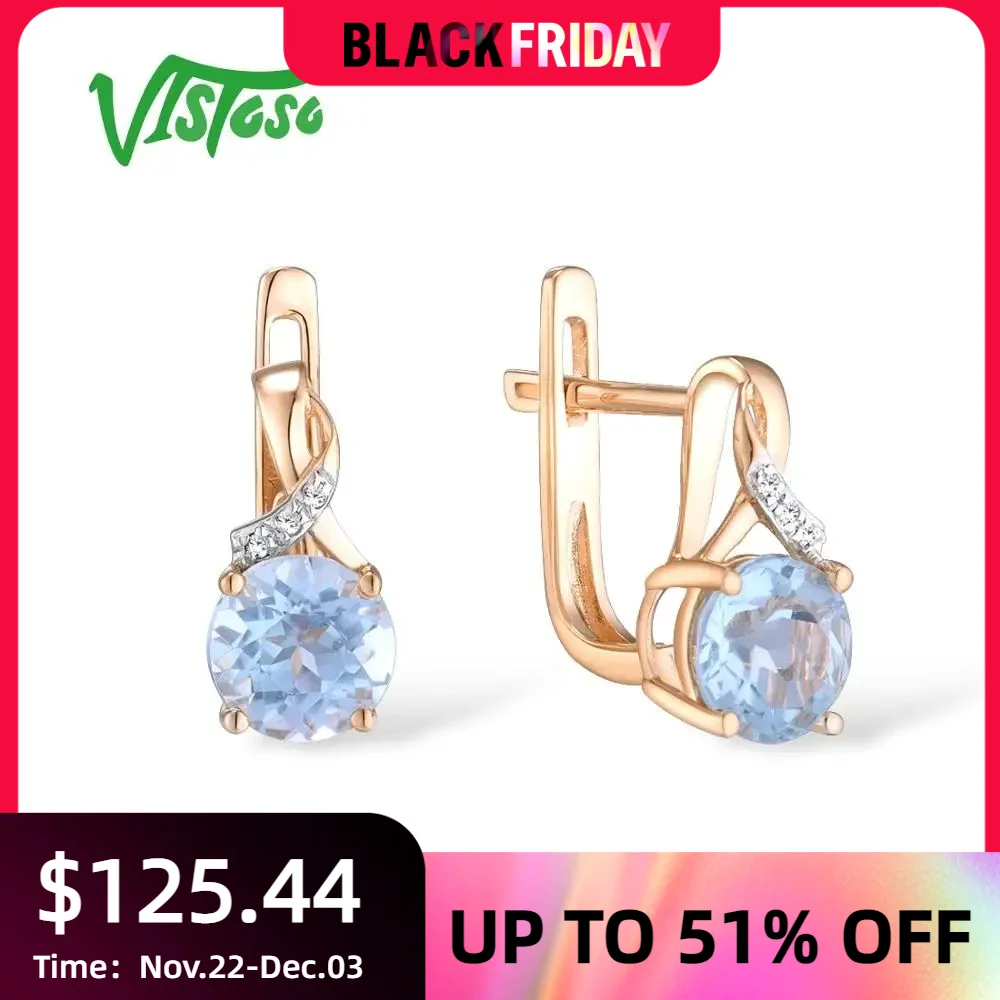 VISTOSO Gold Earrings For Women 14K 585 Rose Gold Sparkling Luxury Diamond Blue Topaz Wedding Engagement Wedding Fine Jewelry