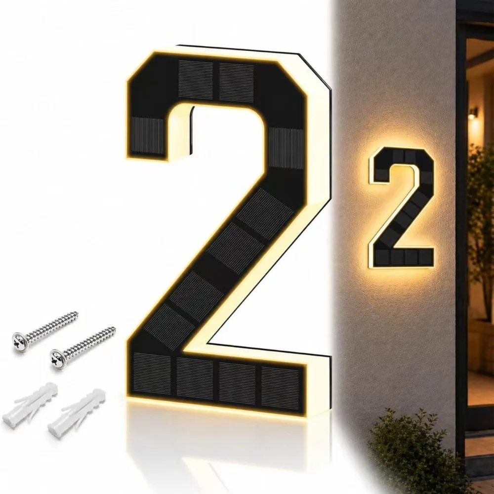 Solar Powered Solar House Numbers 6.7 Inch Size IP44 Waterproof Lighted House Numbers Light Up Design LED Illuminated