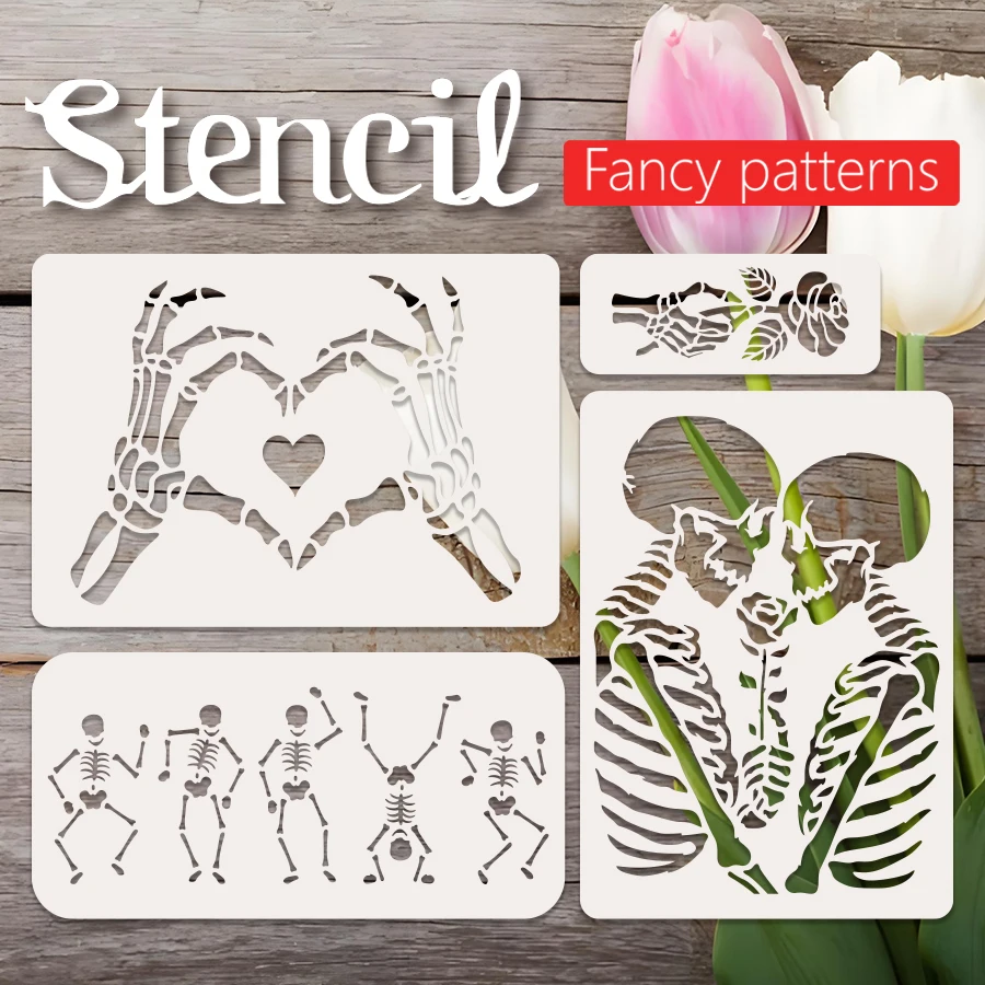 4PCS Halloween Skeleton Stencil Set, Reusable DIY Templates for Wall, Wood, Fabric, and Furniture – High-Quality PET Material, V