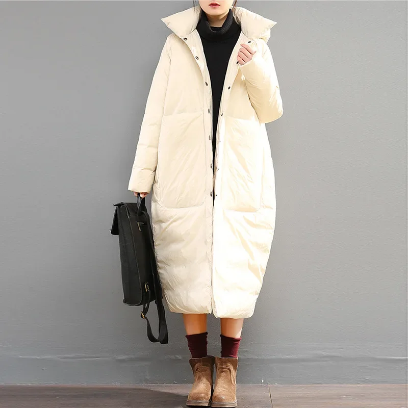 Winter New European Large Down Coat Women Long Loose Large Pocket Thickened Warm White Duck Down Coat