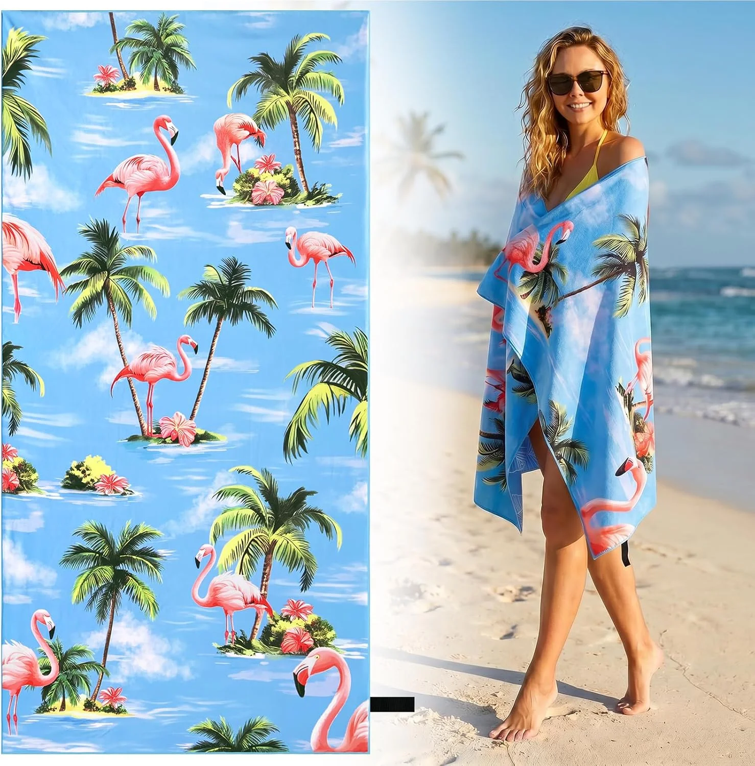 Pink Paradise Beach Towel Flamingos Standing On Tiny Islands Amidst Palm Trees Dreamy Tropical Scene For Romantic Getaway Vibes