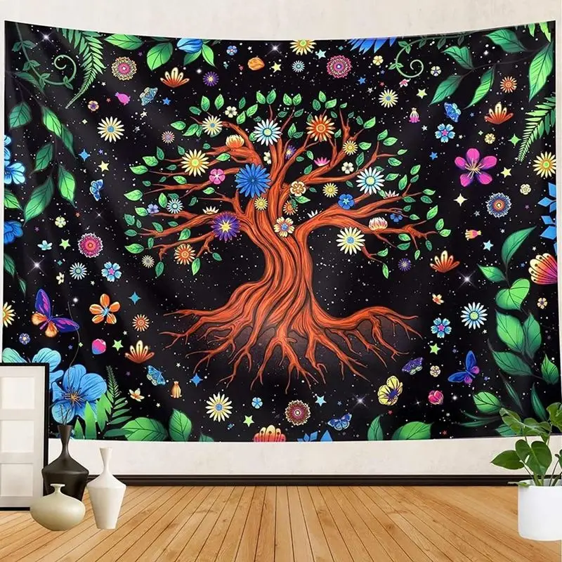 VIKAMA Tree Of Life Flower Butterfly UV Wall Tapestry Black Background Colorful Floral Insect Star Normal Blacklight Reactive