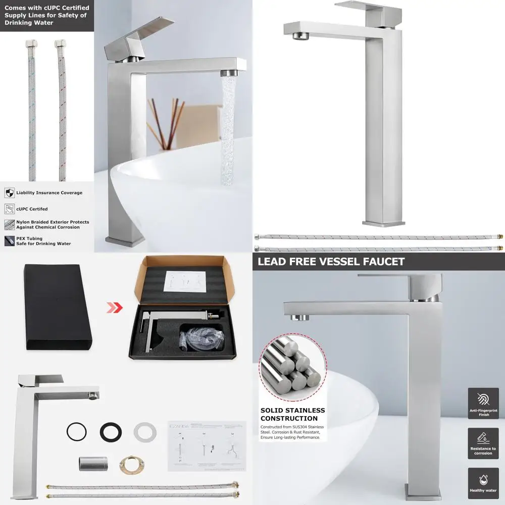 

Tall Single Handle Bathroom Sink Faucet with Water Supply, Brushed Nickel Finish, for Bowl Basins