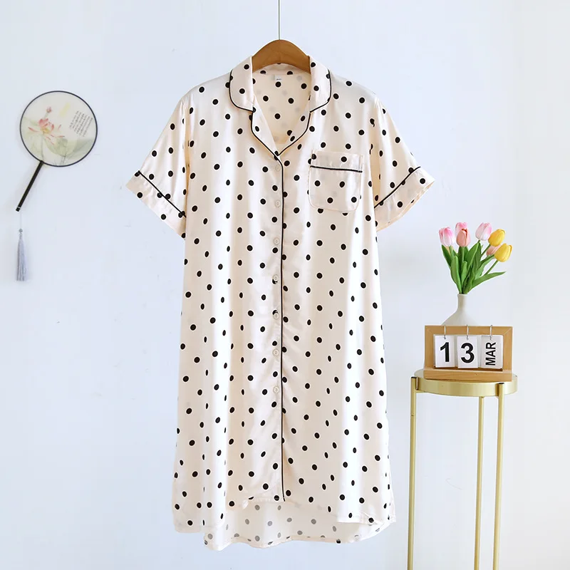 Cotton Viscose Dots Printed Sleepwear Summer Shirt Dress for Women Short Sleeved Pajama Nightdress Comfortable Home Clothing