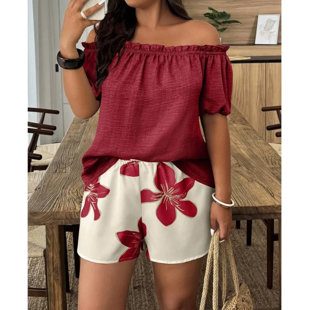 Summer New Sexy One-shoulder Women's Short-sleeved Suit Fashion Casual Printed Shorts Female Seaside Vacation 2-piece Set 2026
