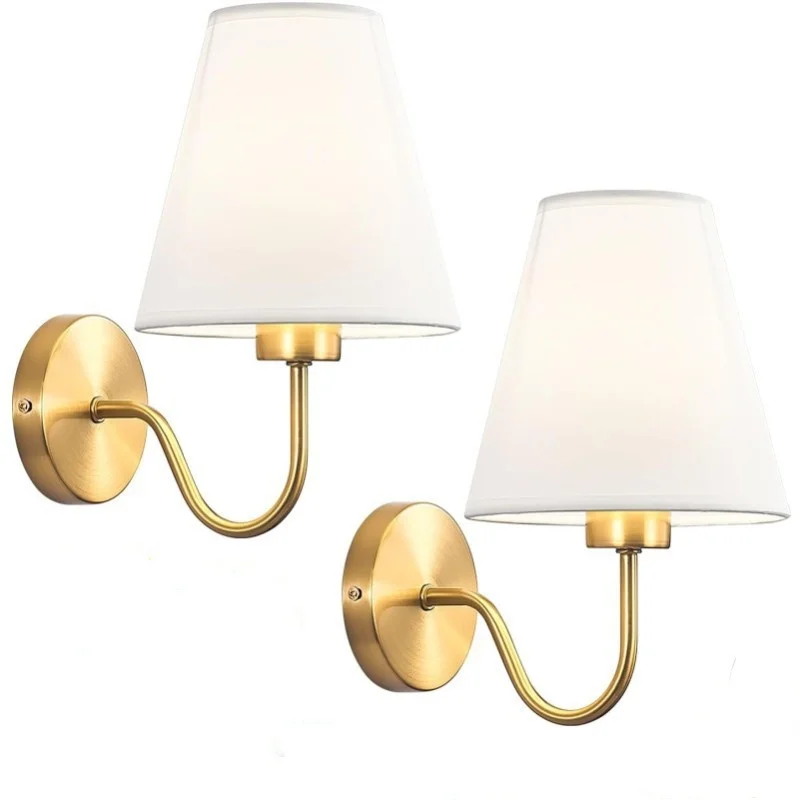 2Pack Modern Wall Light with White Fabric Shade E27 Curved Metal Arm Wall Lamp for Bedroom Hallway Living Room Home Decor 220V