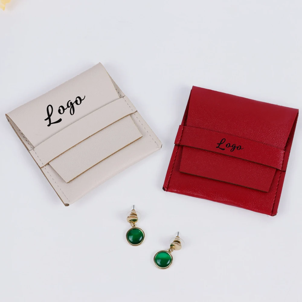 

100pcs Custom Logo PU Leather Strip Bag 12x12cm Jewelry Ring Earring Bracelet Pendant Envelope Dustproof Gift Pouch Storage Sack