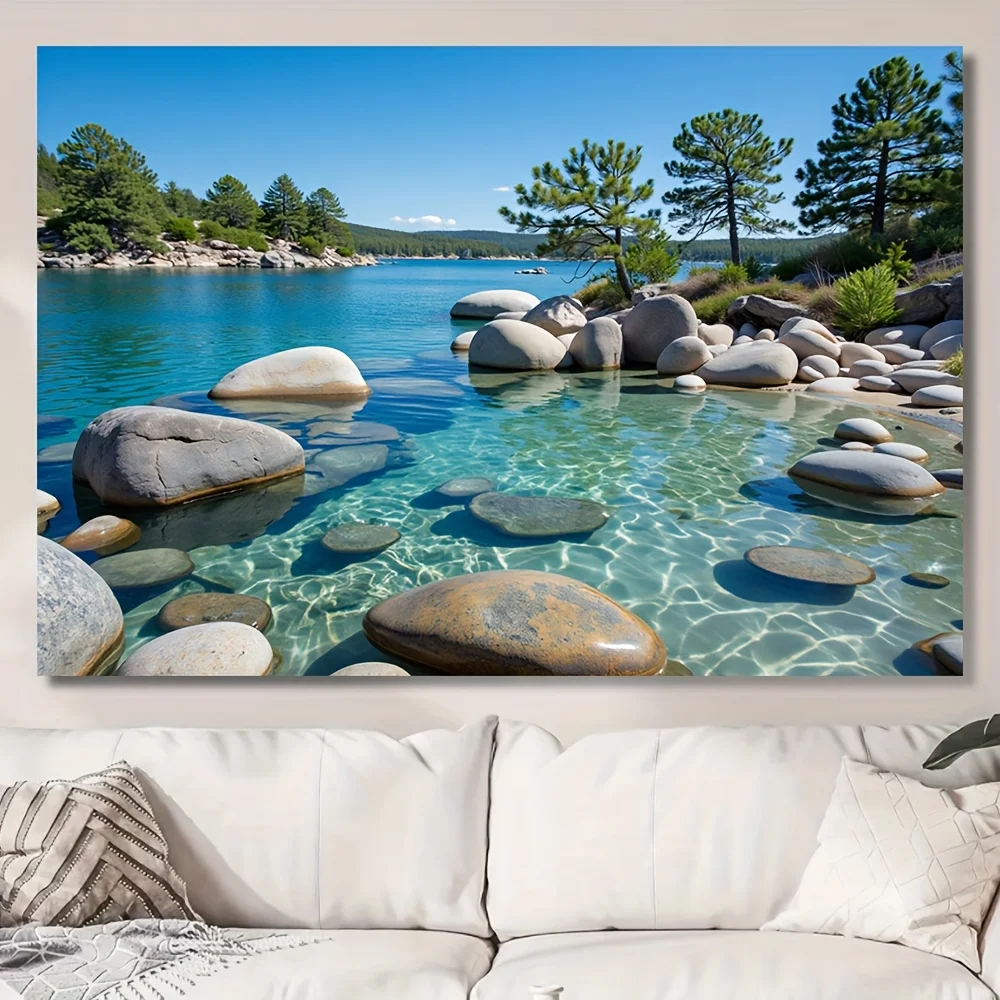 Lake View Tapestry - Clear Water with Pebbles, Pine Trees & Blue Sky, Nature Scenery Wall Art, Polyester, Multiple Sizes