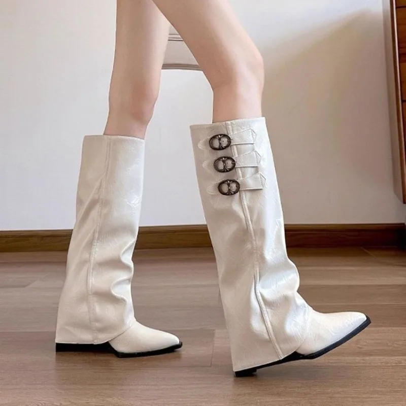 Women Pointed Toe Knee High Slouch Boots Faux Suede Multi Metal Buckle Straps Fold Over Cuff Retro Western Cowgirl Tall Boots view 3
