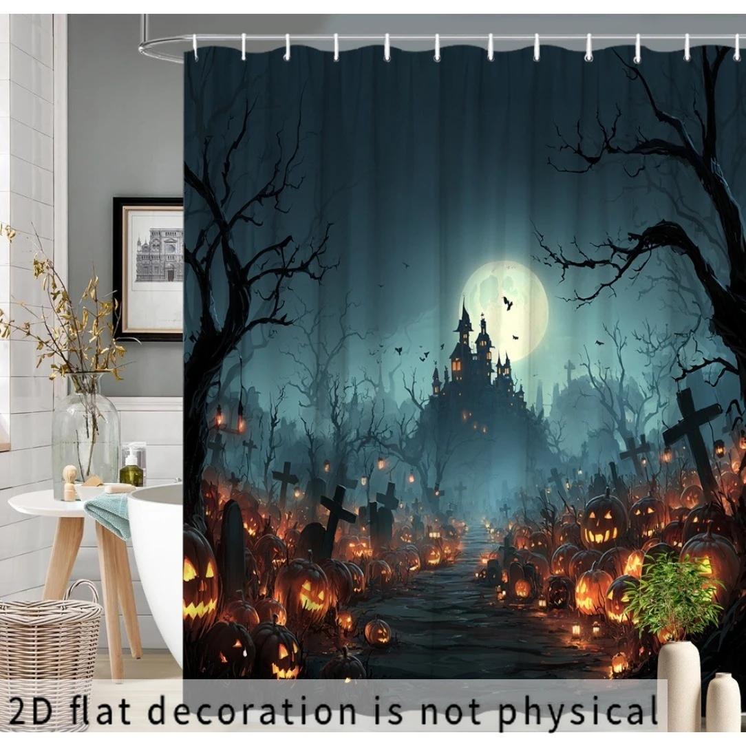 2D Flat, 2D Flat, 2D Flat Shower Curtain 1pc, Horror Ghost Castle Shower Curtain with Hooks - Ghost Castle And Cemetery Scene Ba