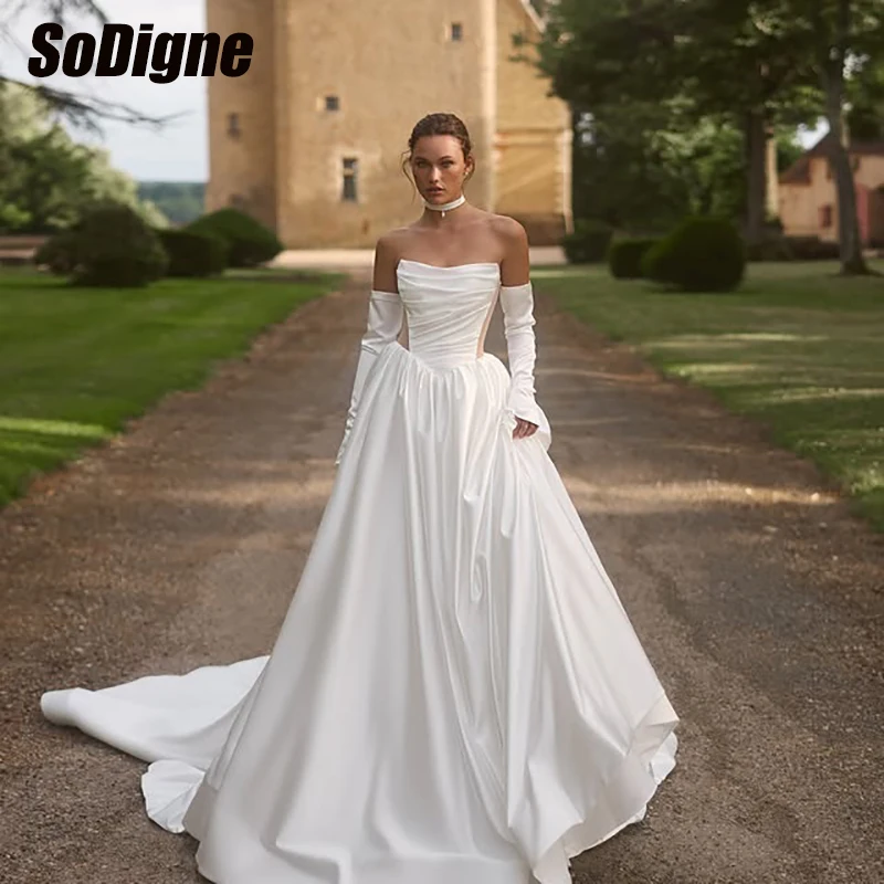  SoDigne A-line Satin Wedding Dresses Strapless Detachable Sleeves Bridal Dress 2026 Bride Gown vestidos de novia Customized