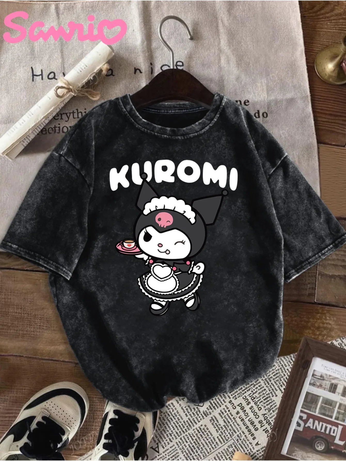 

SANRIO for Kuromi Women's Casual T-shirt Round Neck Four Seasons Wear with Cute Cartoon Character Design Four Seasons Top