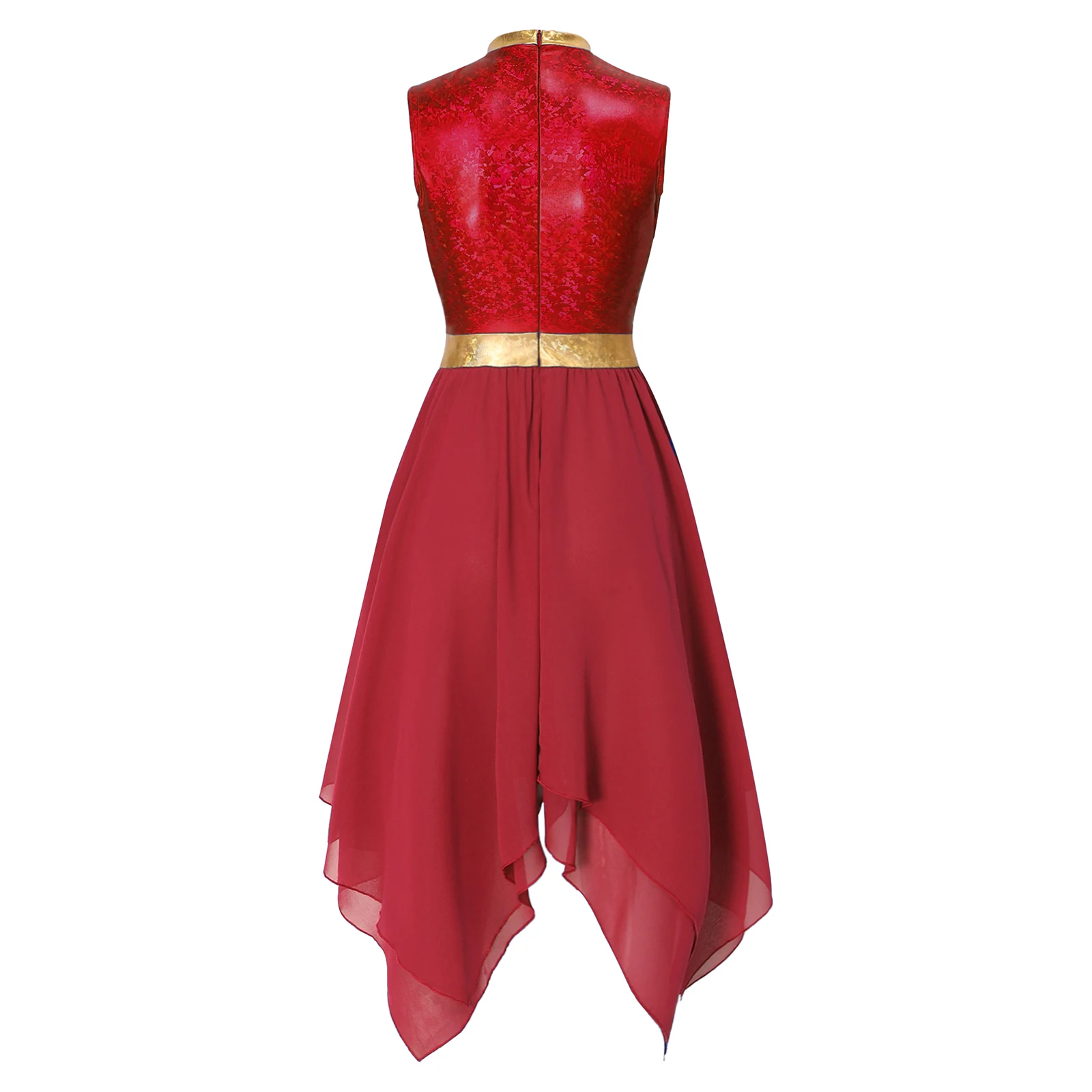 Damen-Lyrik-Tanzkleid, Kostüm für Gottesdienste und Lobgesänge, mit Metallic-Print, aufgesetztem Oberteil, Schlüssellochausschnitt vorne, ärmellos, unregelmäßiger Saum, Tunika-Kleid. – Detail 4