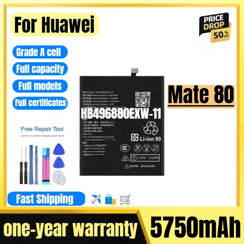 

HB496880EXW-11 for Huawei Mate 80 Phone Battery 0 Cycle High Quality High Capacity Replacement Bateria Grade A Cell with Tools