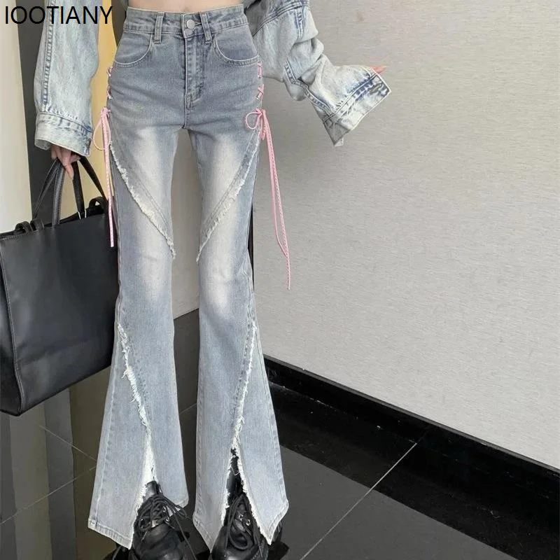 

Women's High Waist Y2k Flared Jeans Girls Pink Harajuku High Waist Slit Flared Pants Women's Fashion Stitching Light Blue Jeans