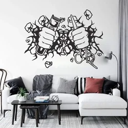 Hairdresser Smashing Barber Hand Scissors Glass Wall Decal Barbershop Beauty Haircut Hairdress Salon Wall Sticker B4750