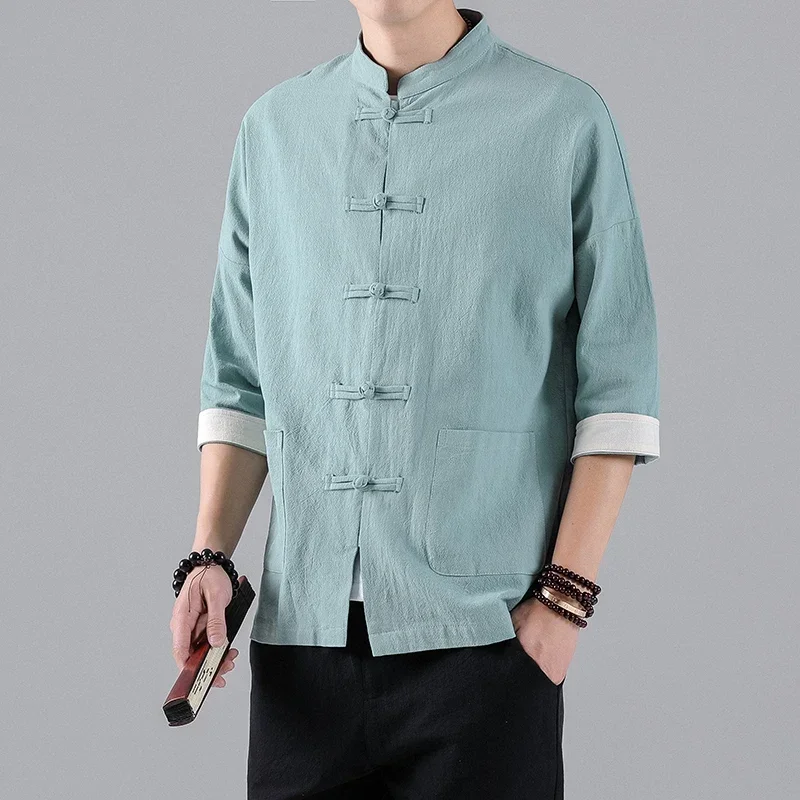 2022 New Chinese Style Mens Tops Tang Suit Linen Half Sleeve Solid Traditional Kung Fu China Style Hanfu Shirt Plus Size M-5XL