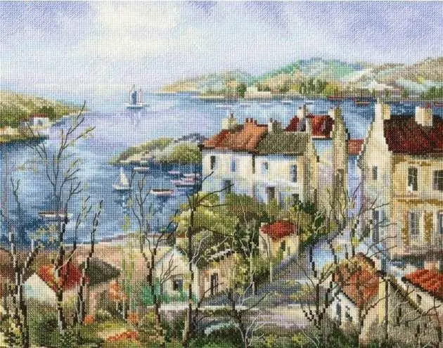 Calm Town by the Sea Seaside Retreat Village Cross Stitch Kits 14CT White Canvas Embroidery DIY Handmade Sewing Kit Home Decor