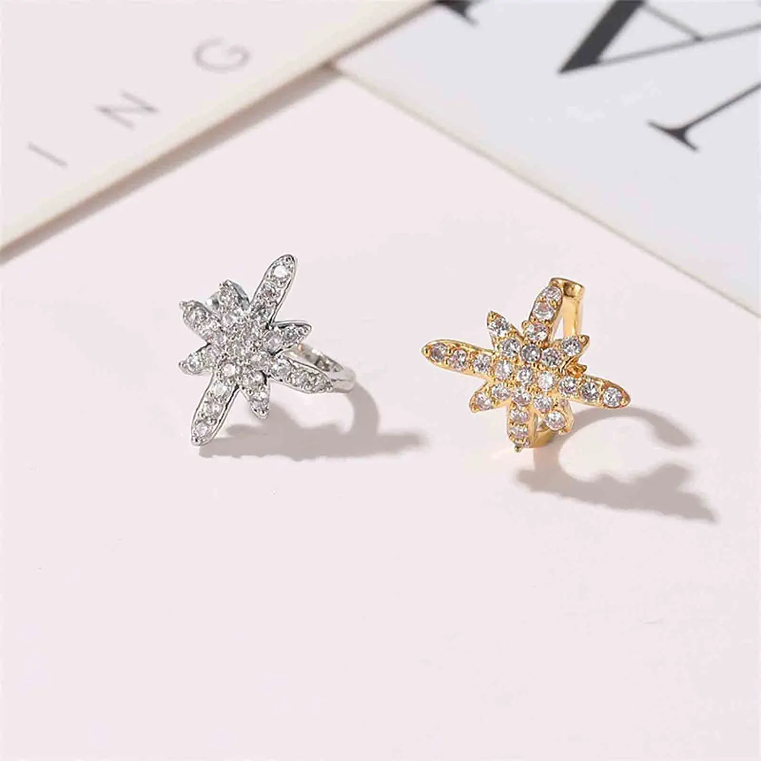 Boho Northstar Ear Cuff Earrings Silver Starburst Cuff Wrap Earrings CZ Pave Star Cartilage Cuff Earrings Tiny Jewelry for Women