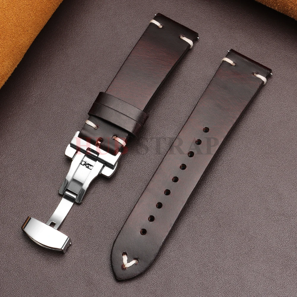18mm 20mm 22mm Armband für Seiko Vintage Öl-Wachs-Leder Uhrenarmband Herren Damen Schmetterlingsverschluss Genähtes Rindslederband für Omega – Detail 18