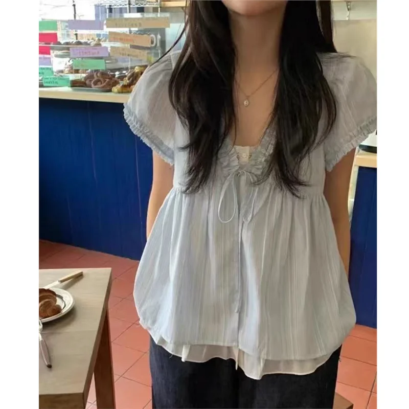 

Summer New Sle Blue Striped irt with Bow Tie And Wooden ort Sve Fake Two-Piece Women's Cotton Princ Sve B...