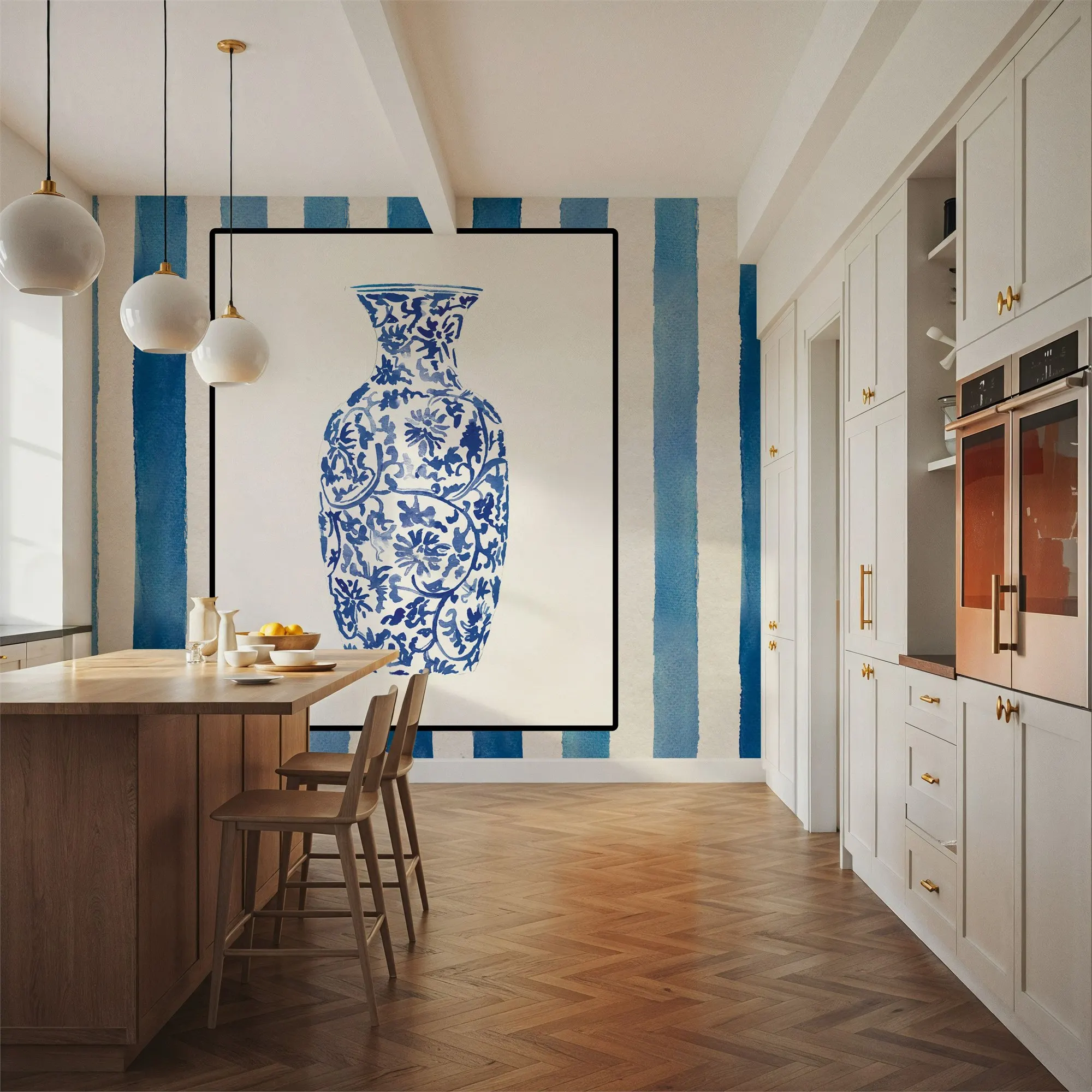 Custom Chinoiserie Vase II Stripes Oriental Wallpaper Made to Measure Wall Mural