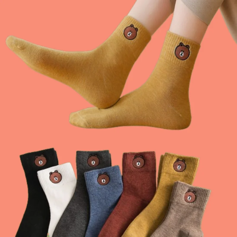 

7/14 Pairs Women's Mid-tube Socks Trendy Pile Comfortable Socks Trendy Bear College Style Korean Version Solid Color Cute Socks