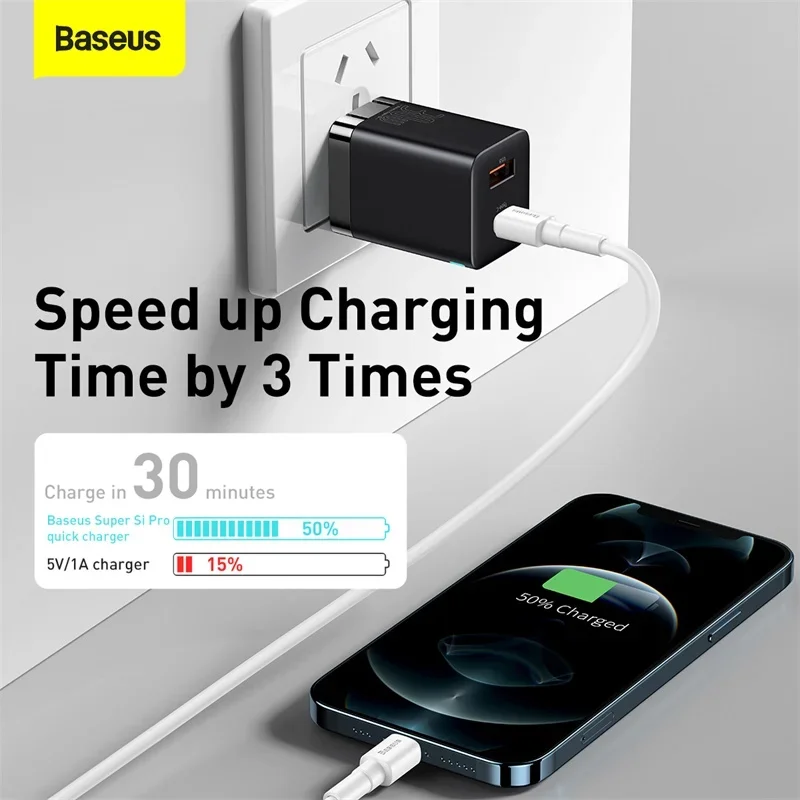 Baseus PD Charger 30W USB Type C Fast Charger QC3.0 USB C Quick Charge 3.0 Dual Port Phone Charge for iPhone 14 13 X Xs Macbook