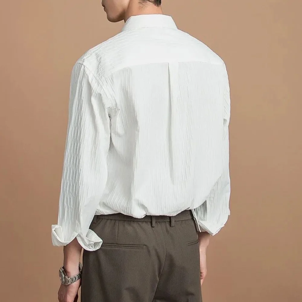 Mens Shirt Wrinkled Texture Casual Shirt British Elegant Business Commuting Temperament Solid Color Tops Men'S Clothing 2024