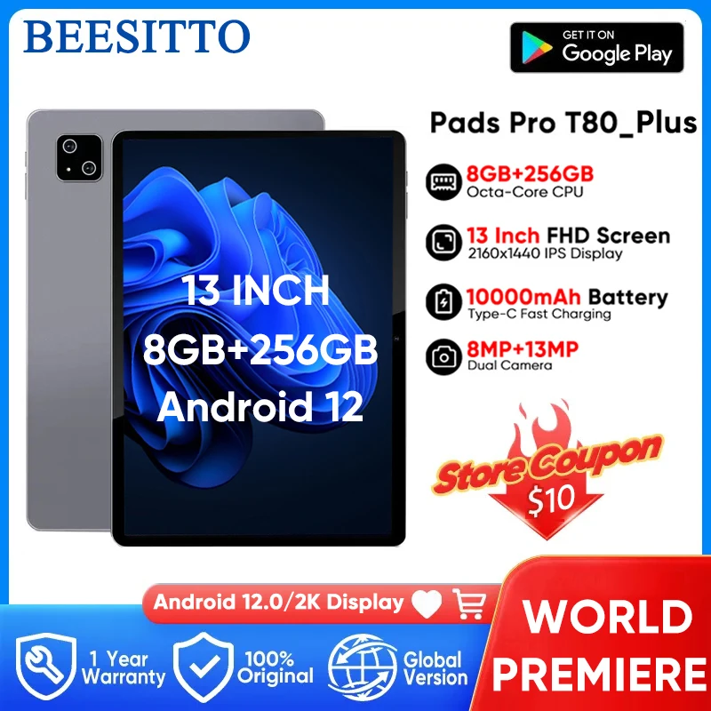 Global Firmware super 13 inch BigScreen Android 12.0 Tablet 2160 x14402k Display 10000 mAh Battery Bluetooth5G wifi Pads Gps