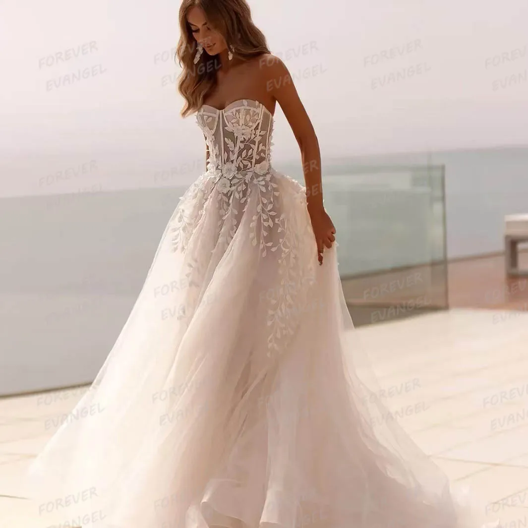 Luxury Appliques Princess Wedding Dresses Womans A i Line Sexy Appliques Sweetheart Sleeveless Bride Gowns Vestidos Customized