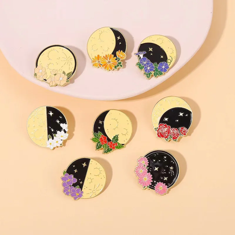 Pin de esmalte de fase lunar de 8 estilos, insignias de flores rosas personalizadas, broches de solapa de mochila de ropa de Metal, regalo de joyería para amigos, venta al por mayor