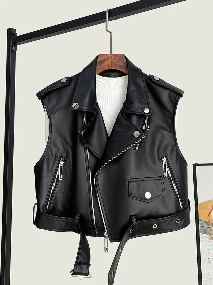 

2025 Spring New High Quality Genuine Real Leather Vest Women's Short Sleeveless Motorcycle Suit Collar Lace-up Waistcoat