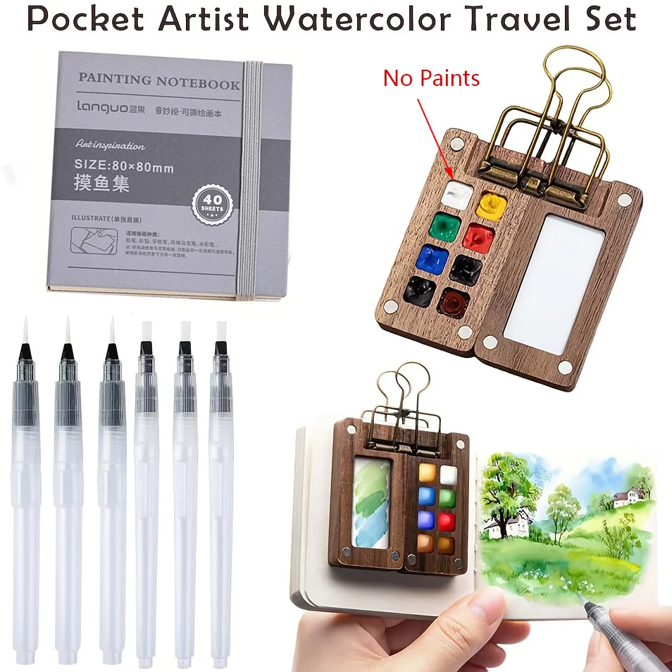 Portable Watercolor Set Travel Palette Sketchbook Brush Pens Binder Clips for Artists Students Painting Tools Drawing Supplies view 2
