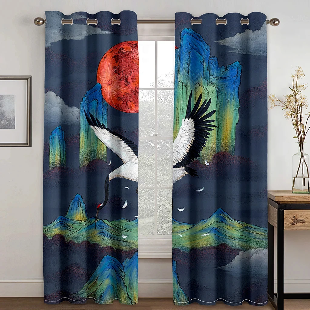 

Japanese Beautiful Crane Sun Wave Mountain Cloud High Shading Curtain Bedroom Living Room Hotel Window Curtain 2 Panels Blackout