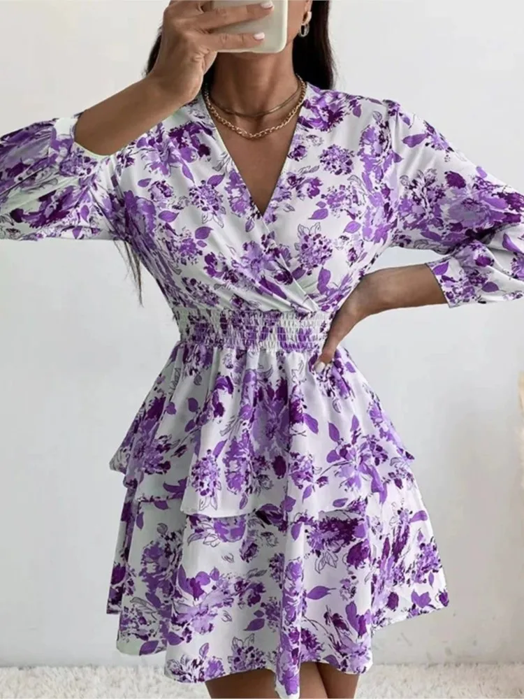

Women's Spring Summer New Slim Fit Fashionable Printed Skirt Sexy V-neck Pleated Long Sleeved Elastic Waist Dress For Women