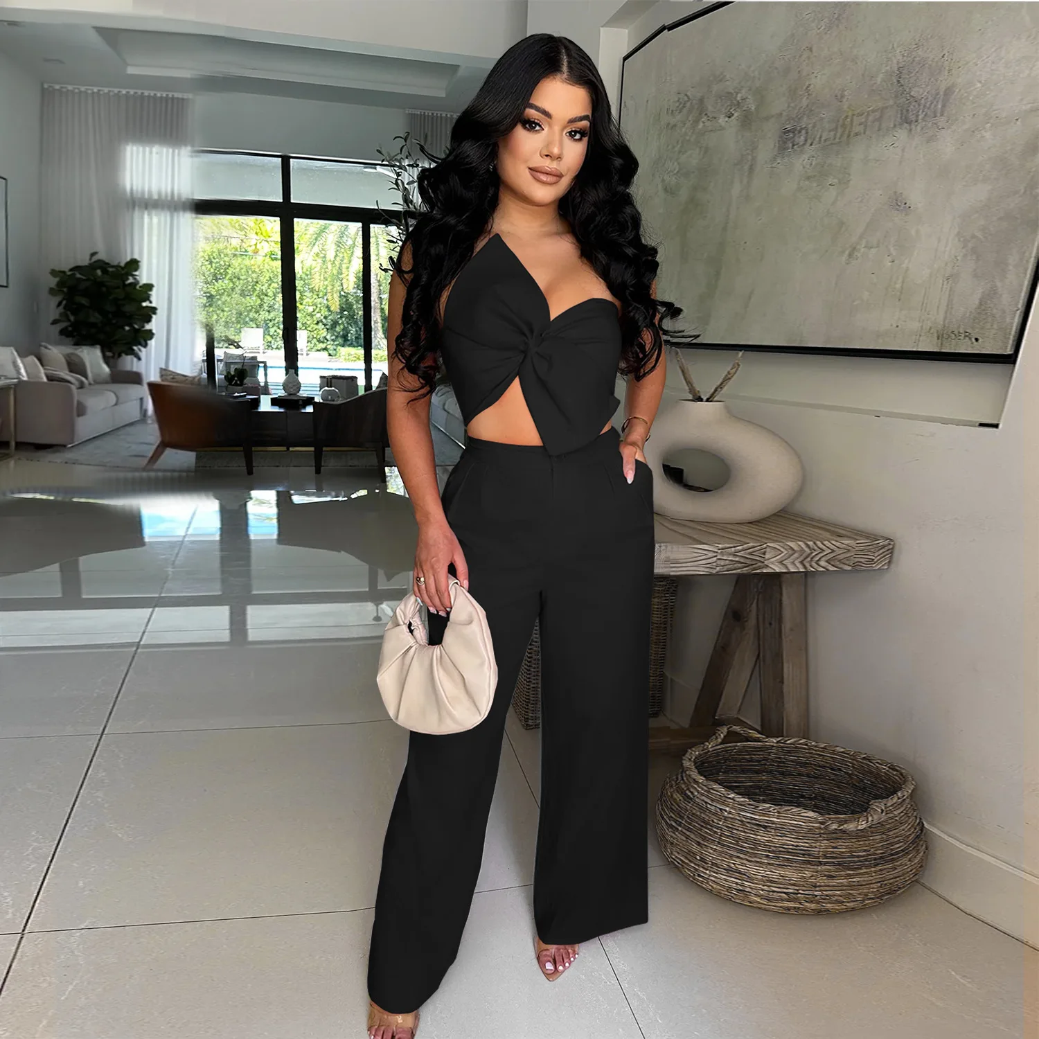 시스터 스타 패션 캐주얼 여성 섹시 리본 캐주얼 팬츠 수트 도매 기질 출퇴근 외출 휴가 투피스 세트