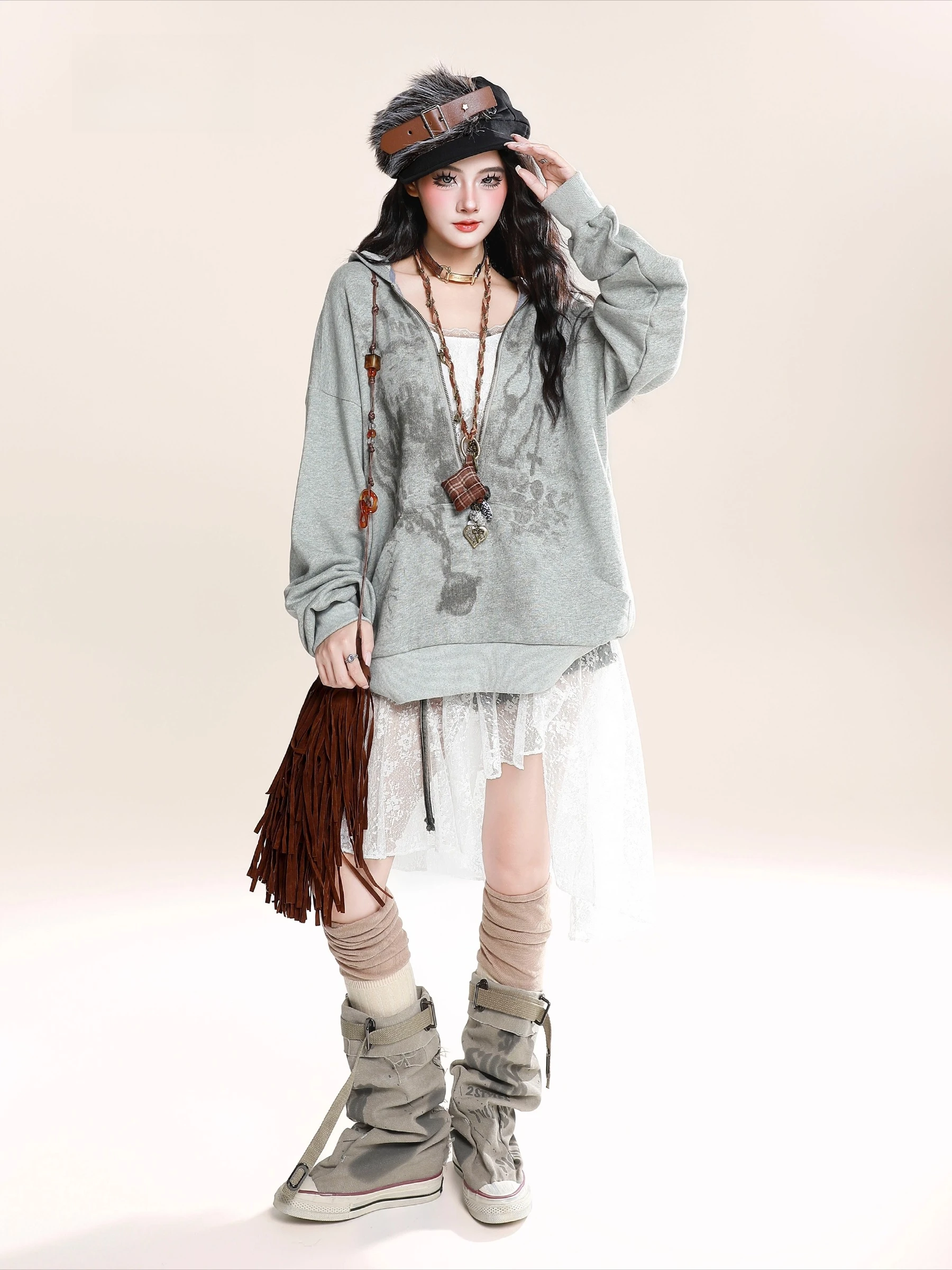 2025 verão novo estilo retro americano versátil preto cinza renda retalhos irregular angustiado lavado denim midi saia