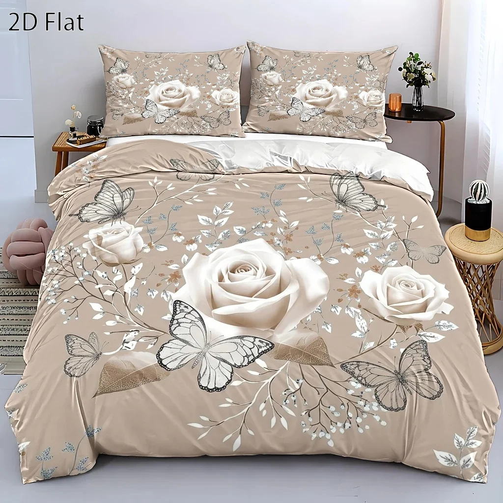3Pc Butterfly Rose Print Duvet Cover Set, Three-Piece Bedding Set (1*Duvet Cover + 2*Pillowcases), Suitable for All Seasons, Machine Washable, Invisible Zipper Design, Large Personal Bedspread, Suitable for Home, Dormitory, Master Bedroom, Guest Room, Fresh Floral Butterfly Pattern, Soft and Comfortable Bedding, Hot-Selling Bedding Set, Stylish and Simple Bedroom Decoration, High-Quality Skin-Friendly Bedding Set