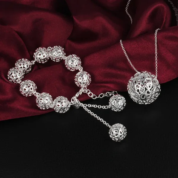 

925 Sterling Silver Hollow Ball Pendant Bracelet Necklace Jewelry Set For Women Fashion Party Wedding Christmas Gifts