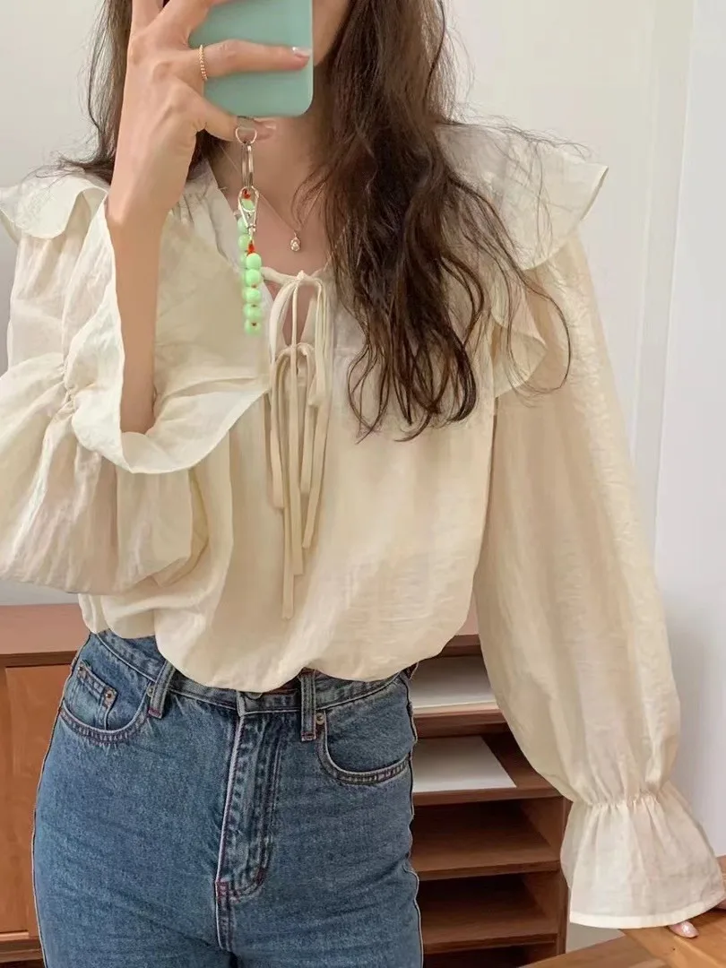 

Ele Vintage Long Sve V-Ne Ruffle Hem irt Женский модный топ Sweet Sle Свободный крой Bell Sve Color