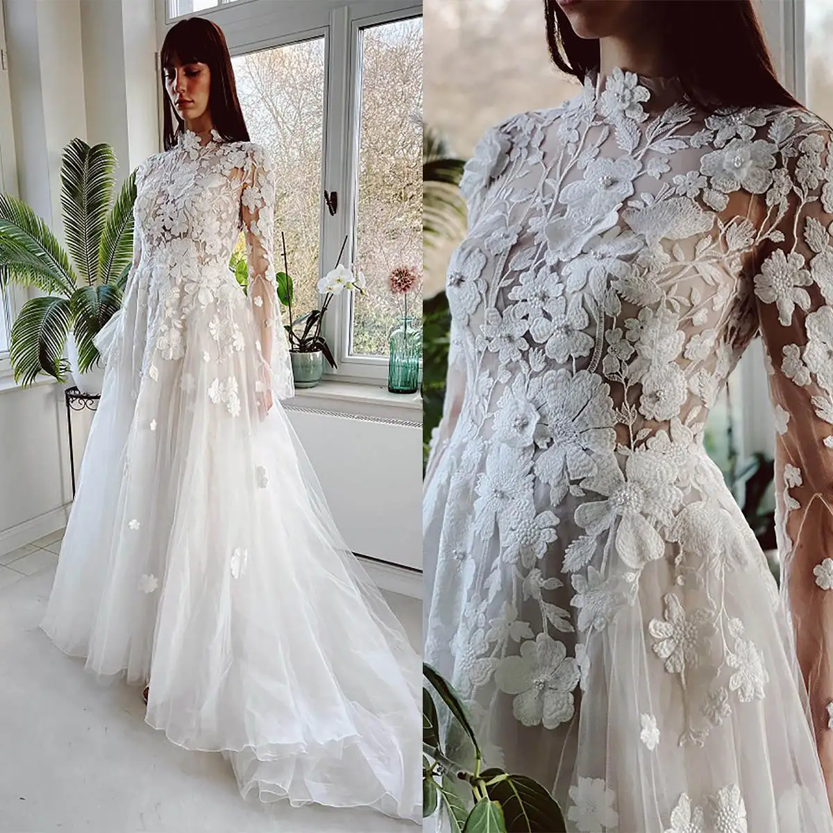 Generous A Line Wedding Dresses 3D Appliques High Neck Long Sleeve Bride Dress Beading Pleat Tulle Bridal Gowns Custom Made