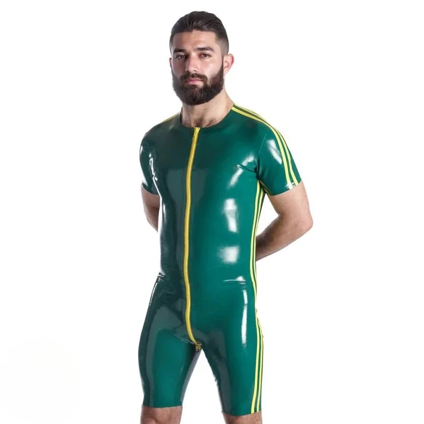 

customized latex bodysuit men's green latex bodysuit with yellow stripes short sleeves front zipper rubber costume clubwear