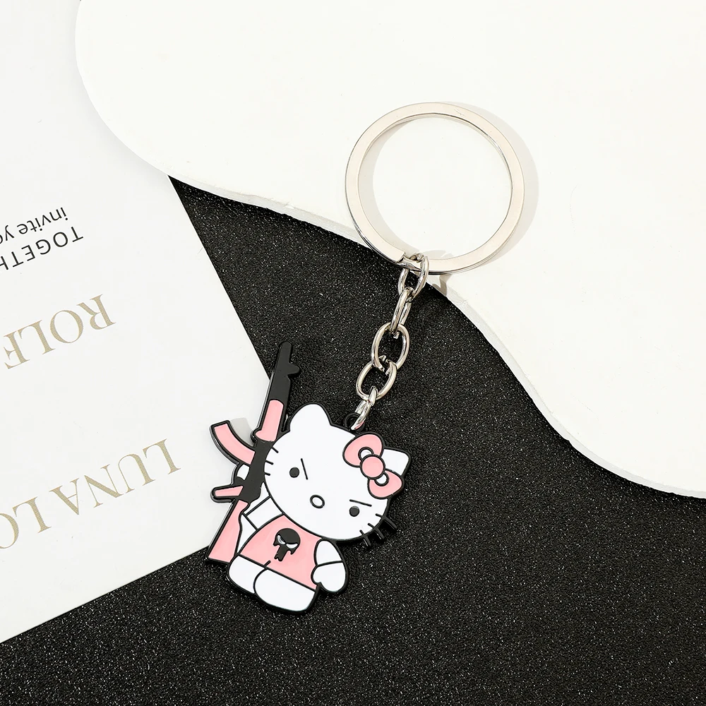 Funny Cool Pink Hello Kitty with Gun Pendant Keychain for Women Men Fans Creative Bag Backpack Accessories Birthday Party Gifts