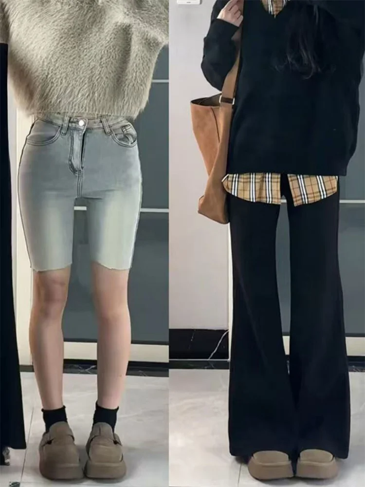 

plus Size High Waist Fce Lined Thiened Micro Flared Jeans Women's Spring Slim Straight Leg Hoof Pants Casual Sle