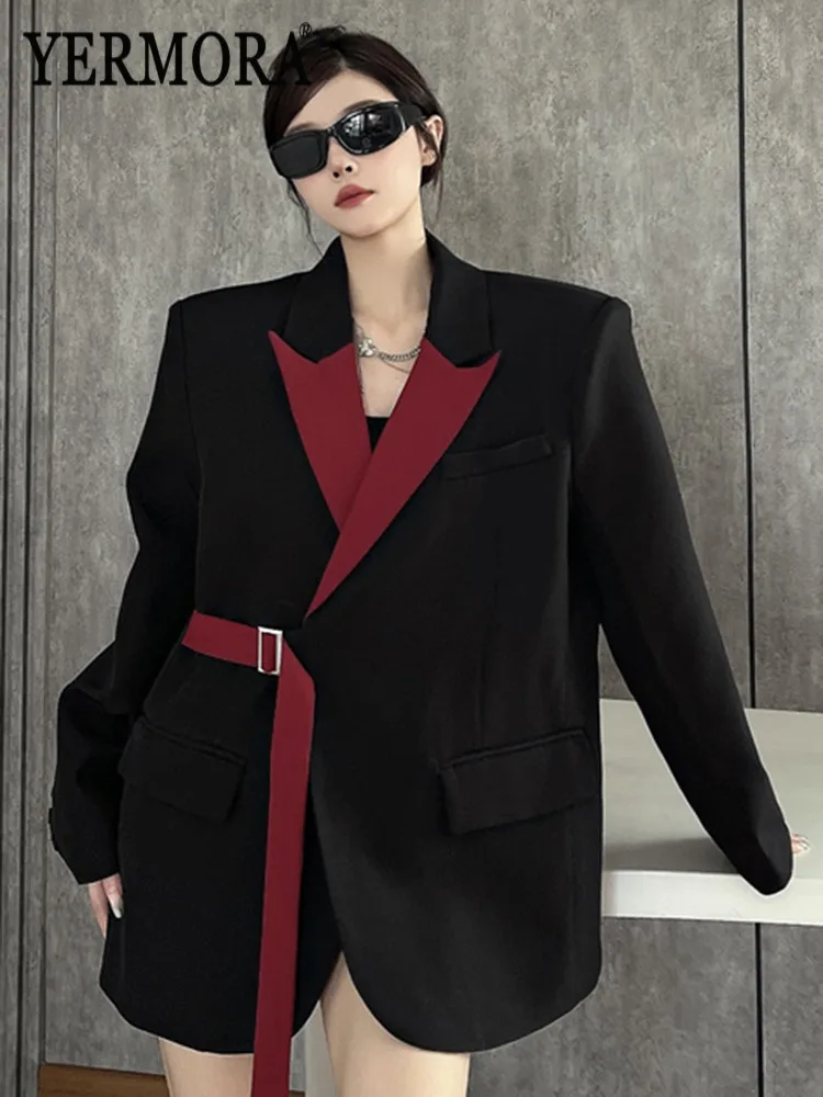 

YERMORA черный повседневный пиджак с нерегулярной пряжкой для ремня для женщин, свободная новая куртка с лацканами и длинными рукавами, модная весна-осень 2025